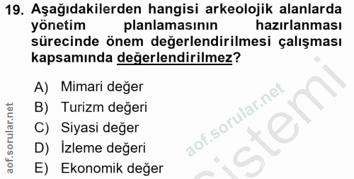 19. soru: Aşağıdakilerden hangisi arkeolojik alanlarda yönetim planlamasının hazırlanması sürecinde önem değerlendirilmesi çalı…