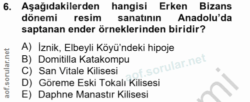 6. soru: Aşağıdakilerden hangisi Erken Bizans dönemi resim sanatının Anadolu'da saptanan ender örneklerinden biridir? A) Iznik…
