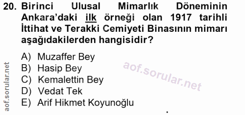 20. soru: Birinci Ulusal Mimarlık Döneminin Ankara'daki ilk örneği olan 1917 tarihli Ittihat ve Terakki Cemiyeti Binasının mima…