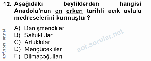 12. soru: Aşağıdaki beyliklerden hangisi Anadolu'nun en erken tarihli açık avlulu medreselerini kurmuştur? A) Danişmendliler B)…
