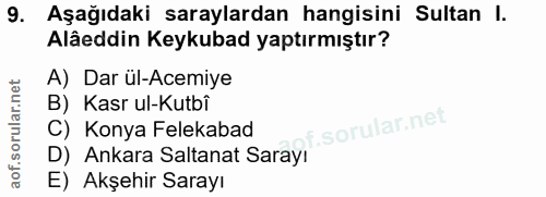 9. soru: Aşağıdaki saraylardan hangisini Sultan I. Alâeddin Keykubad yaptırmıştır? A) Dar ül-Acemiye B) Kasr ul-Kutbî f. C) Ko…