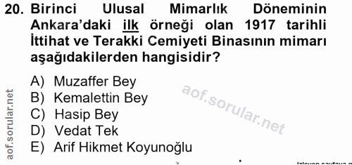 20. soru: Birinci Ulusal Mimarlık Döneminin Ankara'daki ilk örneği olan 1917 tarihli Ittihat ve Terakki Cemiyeti Binasının mima…