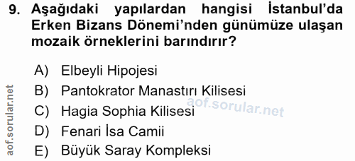 9. soru: Aşağıdaki yapılardan hangisi İstanbul'da Erken Bizans Dönemi'nden günümüze ulaşan mozaik örneklerini barındırır? A) E…