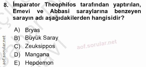 8. soru: Imparator Theophilos tarafından yaptırılan, Emevi ve Abbasi saraylarına benzeyen sarayın adı aşağıdakilerden hangisid…