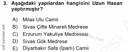 3. soru: Aşağıdaki yapılardan hangisini Uzun Hasan yaptırmıştır? A) Milas Ulu Camii B) Sivas Çifte Minareli Medrese D) Sivas G…