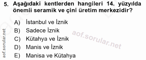 5. soru: Aşağıdaki kentlerden hangileri 14. yüzyılda önemli seramik ve çini üretim merkezidir? A) İstanbul ve İznik B) Sadece…