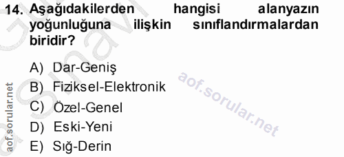 14. soru: Aşağıdakilerden hangisi alanyazın yoğunluğuna ilişkin sınıflandırmalardan biridir? A) Dar-Geniş B) Fiziksel-Elektroni…