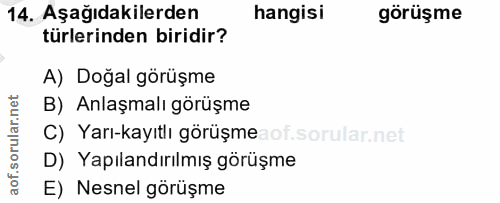 14. soru: Aşağıdakilerden hangisi görüşme türlerinden biridir? A) Doğal görüşme B) Anlaşmalı görüşme C) Yarı-kayıtlı görüşme D)…