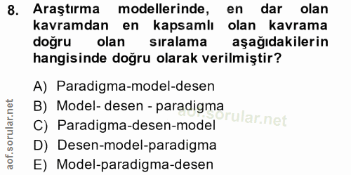 8. soru: Araştırma modellerinde, en dar olan kavramdan en kapsamlı olan kavrama doğru olan sıralama aşağıdakilerin hangisinde…