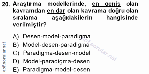 20. soru: Araştırma modellerinde, en geniş olan kavramdan en dar olan kavrama doğru olan sıralama aşağıdakilerin hangisinde ver…