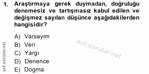 1. soru: Araştırmaya gerek duymadan, doğruluğu denemesiz ve tartışmasız kabul edilen ve değişmez sayılan düşünce aşağıdakilerd…