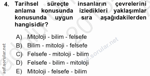 4. soru: Tarihsel • süreçte insanların çevrelerini anlama konusunda izledikleri yaklaşımlar konusunda uygun sıra aşağıdakilerd…