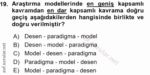 19. soru: Araştırma modellerinde en geniş kapsamlı kavramdan en dar kapsamlı kavrama doğru geçiş aşağıdakilerden hangisinde bir…
