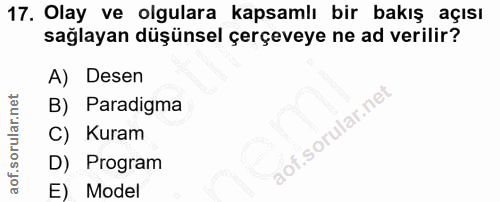 17. soru: Olay ve olgulara kapsamlı bir bakış açısı sağlayan düşünsel çerçeveye ne ad verilir? A) Desen B) Paradigma C) Kuram D…