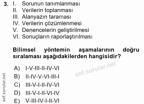 3. soru: I. Sorunun tanımlanması Il. Verilerin toplanması III. Alanyazın taraması IV. Verilerin çözümlenmesi V. Denenelerin ge…