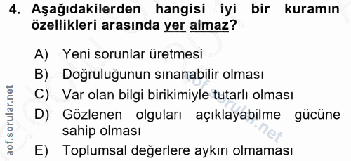 4. soru: Aşağıdakilerden hangisi iyi bir kuramın özellikleri arasında yer almaz? A) Yeni sorunlar üretmesi B) Doğruluğunun sın…
