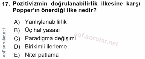 17. soru: Pozitivizmin doğrulanabilirlik ilkesine karşı Popper'ın önerdiği ilke nedir? A) Yanlışlanabilirlik c) Paradigma değiș…