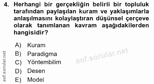 4. soru: Herhangi bir gerçekliğin belirli bir topluluk tarafından paylaşılan kuram ve yaklaşımlarla anlaşılmasını kolaylaştıra…