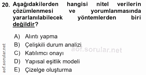 20. soru: Aşağıdakilerden hangisi nitel verilerin çözümlenmesi ve yorumlanmasında yararlanılabilecek yöntemlerden biri değildir…