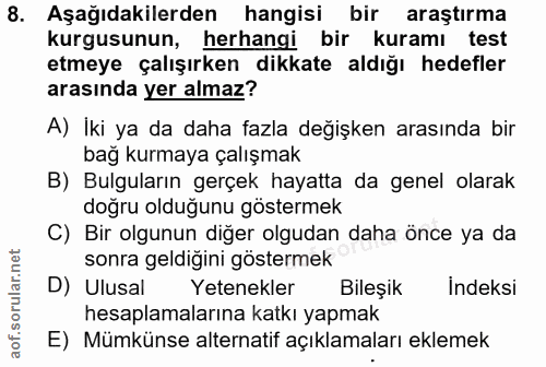 8. soru: Aşağıdakilerden hangisi bir araştırma kurgusunun, herhangi bir kuramı test etmeye çalışırken dikkate aldığı hedefler…