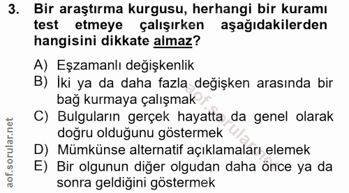 3. soru: Bir araştırma kurgusu, herhangi bir kuramı test etmeye çalışırken aşağıdakilerden hangisini dikkate almaz? A) Eşzaman…