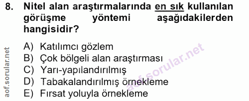 8. soru: Nitel alan araştırmalarında en sık kullanılan görüşme yöntemi aşağıdakilerden hangisidir? A) Katılımcı gözlem ar.net…