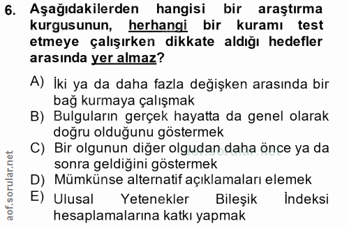 6. soru: Aşağıdakilerden hangisi bir araştırma kurgusunun, herhangi bir kuramı test etmeye çalışırken dikkate aldığı hedefler…