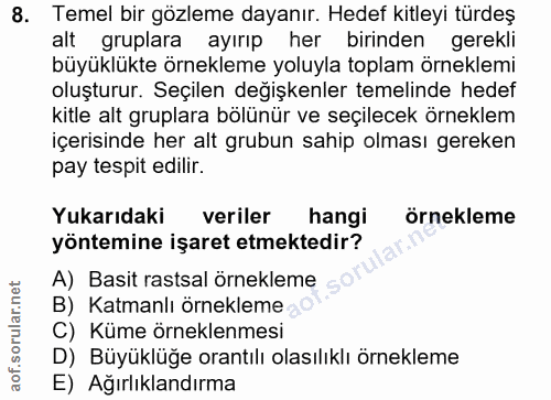 8. soru: Temel bir gözleme dayanır. Hedef kitleyi türdeş alt gruplara ayırıp her birinden gerekli büyüklükte örnekleme yoluyla…