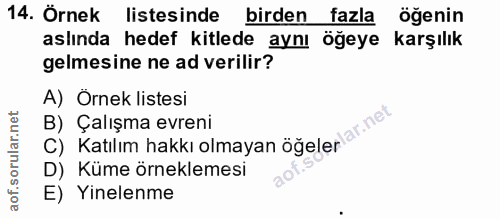 14. soru: Örnek listesinde birden fazla öğenin aslında hedef kitlede aynı . öğeye karşılık gelmesine ne ad verilir? A) Örnek li…