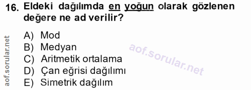 16. soru: Eldeki dağılımda en yoğun olarak gözlenen değere ne ad verilir? A) Mod B) Medyan C) Aritmetik ortalama D) Çan eğrisi…