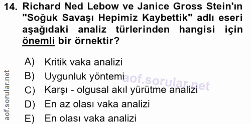 14. soru: Richard Ned Lebow ve Janice Gross Stein'in "Soğuk Savaşı Hepimiz Kaybettik" adlı eseri aşağıdaki analiz türlerinden h…