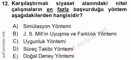 12. soru: Karşılaştırmalı siyaset alanındaki nitel çalışmaların en fazla başvurduğu yöntem aşağıdakilerden hangisidir? A) Simül…