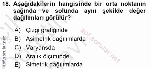 18. soru: Aşağıdakilerin hangisinde bir orta noktanın sağında ve solunda aynı şekilde değer dağılımları görülür? A) Çizgi grafi…