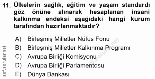 11. soru: Ulkelerin sağlık, eğitim ve yaşam standardı göz önüne , alınarak hesaplanan insani kalkınma endeksi aşağıdaki hangi k…
