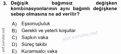 3. soru: Değişik bağımsız değişken kombinasyonlarının aynı bağımlı değişkene sebep olmasına ne ad verilir? A) Eşsonuçluluk B)…