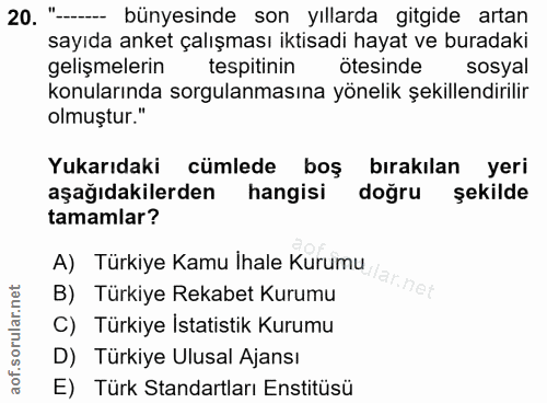 20. soru: "- bünyesinde son yıllarda gitgide artan sayıda anket çalışması iktisadı hayat ve buradaki gelişmelerin tespitinin öt…