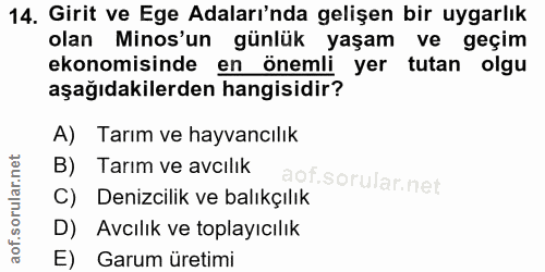 14. soru: Girit ve Ege Adaları'nda gelişen bir uygarlık olan Minos'un günlük yaşam ve geçim ekonomisinde en önemli yer tutan ol…