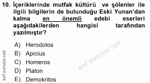 10. soru: İçeriklerinde mutfak kültürü ve şölenler ile ilgili bilgilerin de bulunduğu Eski Yunan'dan kalma en önemli edebi eser…