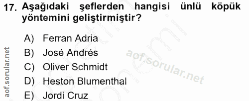 17. soru: Aşağıdaki şeflerden hangisi ünlü köpük yöntemini geliştirmiştir? A) Ferran Adria B) José Andrés C) Oliver Schmidt D)…