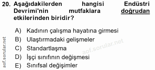 20. soru: Aşağıdakilerden hangisi Endüstri Devrimi'nin mutfaklara doğrudan etkilerinden biridir? A) Kadının çalışma hayatına gi…