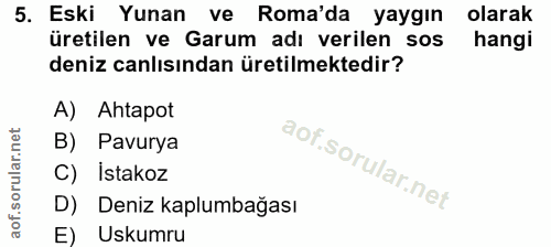 5. soru: Eski Yunan ve Roma'da yaygın olarak üretilen ve Garum adı verilen sos hangi deniz canlısından üretilmektedir? A) Ahta…