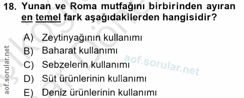 18. soru: Yunan ve Roma mutfağını birbirinden ayıran en temel fark aşağıdakilerden hangisidir? A) Zeytinyağının kullanımı B) Ba…