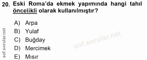 20. soru: Eski Roma'da ekmek yapımında hangi tahıl öncelikli olarak kullanılmıştır? A) Arpa B) Yulaf C) Buğday D) Mercimek E) M…