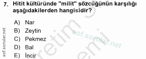 7. soru: Hitit kültüründe "milit" sözcüğünün karşılığı aşağıdakilerden hangisidir? A) Nar B) Zeytin aof.sovtna) net C) Pekmez…