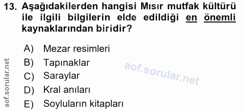 13. soru: Aşağıdakilerden hangisi Mısır mutfak kültürü ile ilgili bilgilerin elde edildiği en önemli kaynaklarından biridir? A)…