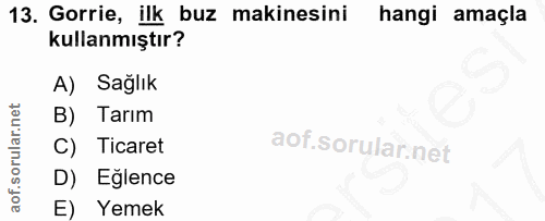 13. soru: Gorrie, ilk buz makinesini hangi amaçla kullanmıştır? A) Sağlık B) Tarım C) Ticaret D) Eglence E) Yemek