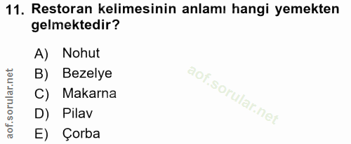 11. soru: Restoran kelimesinin anlamı hangi yemekten gelmektedir? A) Nohut B) Bezelye C) Makarna D) Pilav E) Çorba