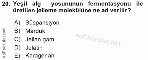 20. soru: Yeşil alg yosununun fermentasyonu ile üretilen jelleme molekülüne ne ad verilir? A) Süspansiyon B) Marduk C) Jellan g…
