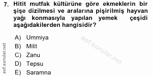 7. soru: Hitit mutfak kültürüne göre ekmeklerin bir şişe dizilmesi ve aralarına pişirilmiş hayvan yağı konmasıyla yapılan yeme…