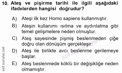 10. soru: Ateş ve pişirme tarihi ile ilgili aşağıdaki ifadelerden hangisi doğrudur? A) Ateşi ilk kez Homo sapiens kullanmıştır.…